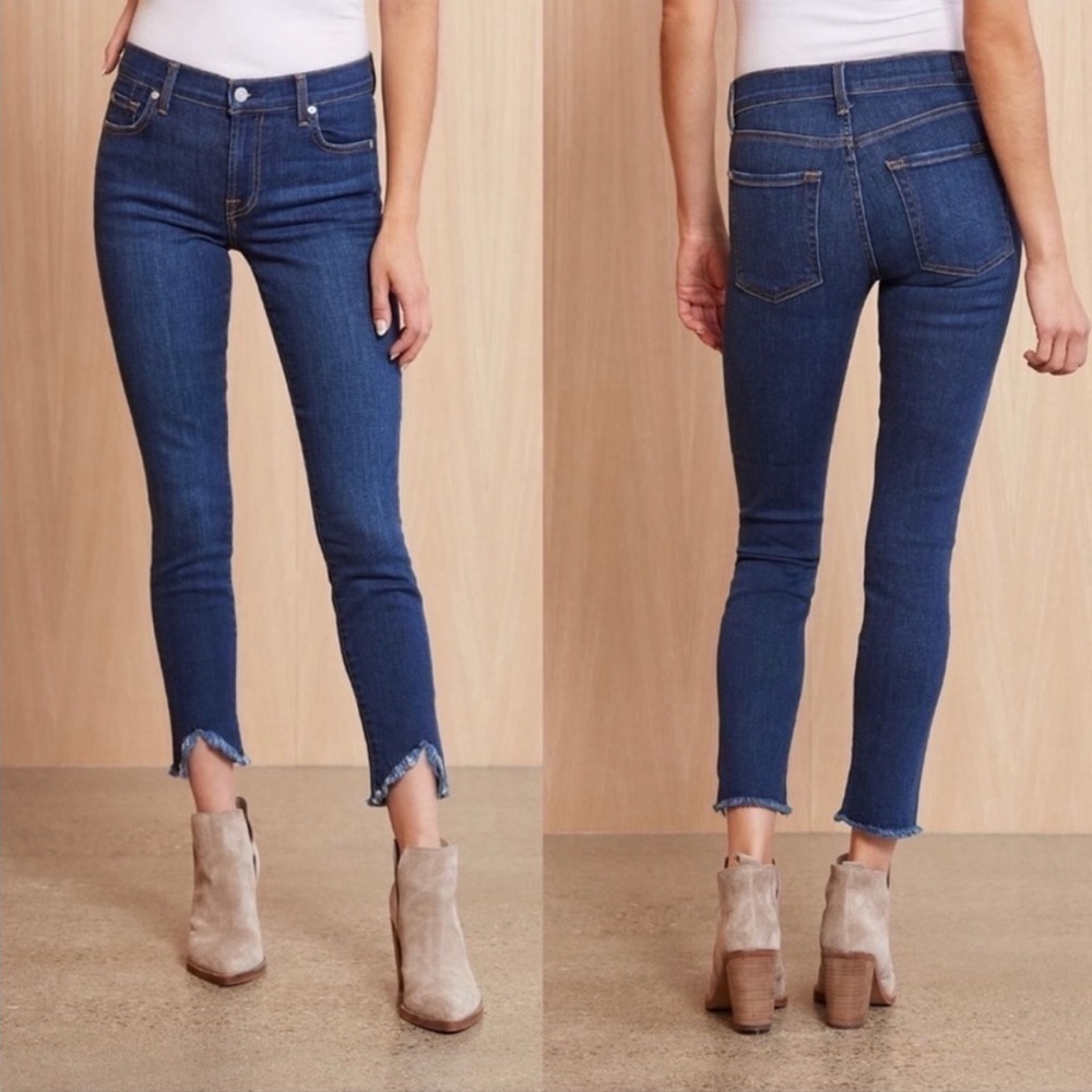 7 For All Mankind Womens The Ankle Skinny Dark Wash Raw Chewed Hem Size 25